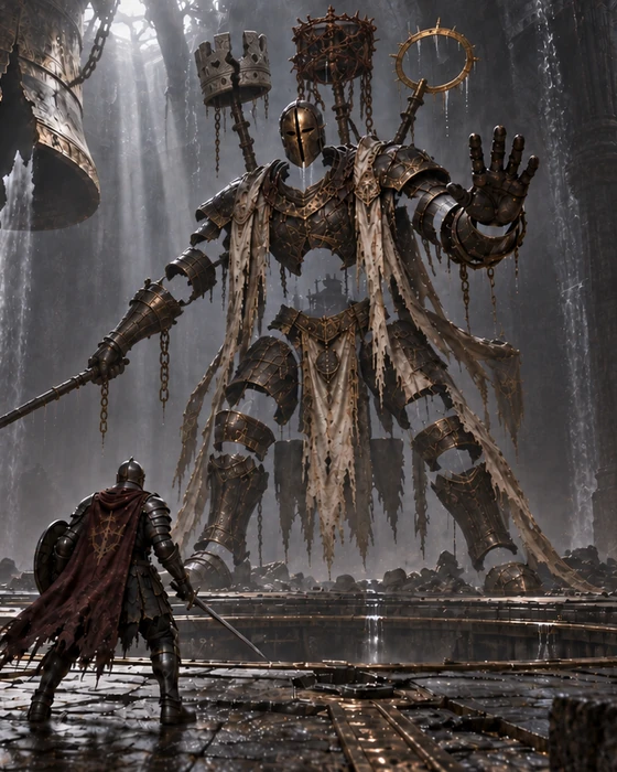 The Answering Echo, a towering hollow suit of armour carrying three crowns in a flooded bell foundry